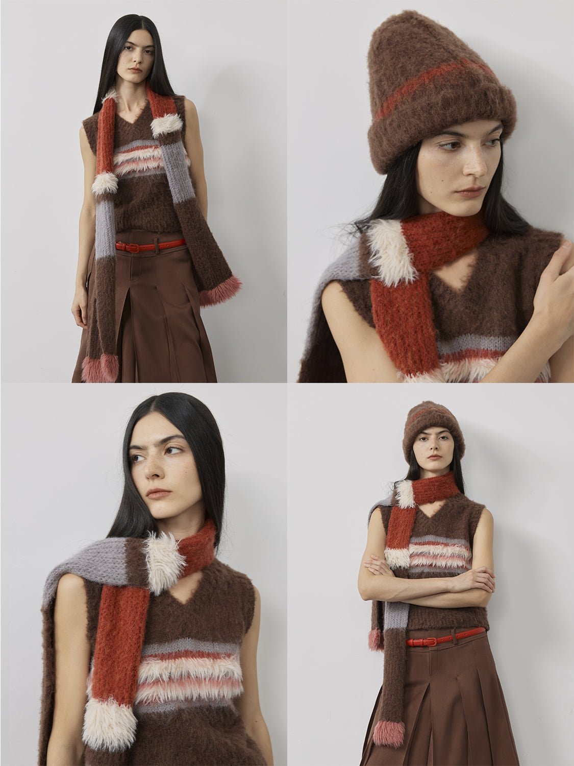Fireladyfur Women's Mohair Wool Blend Vintage Colorblock Knit Hat Scarf Set-0