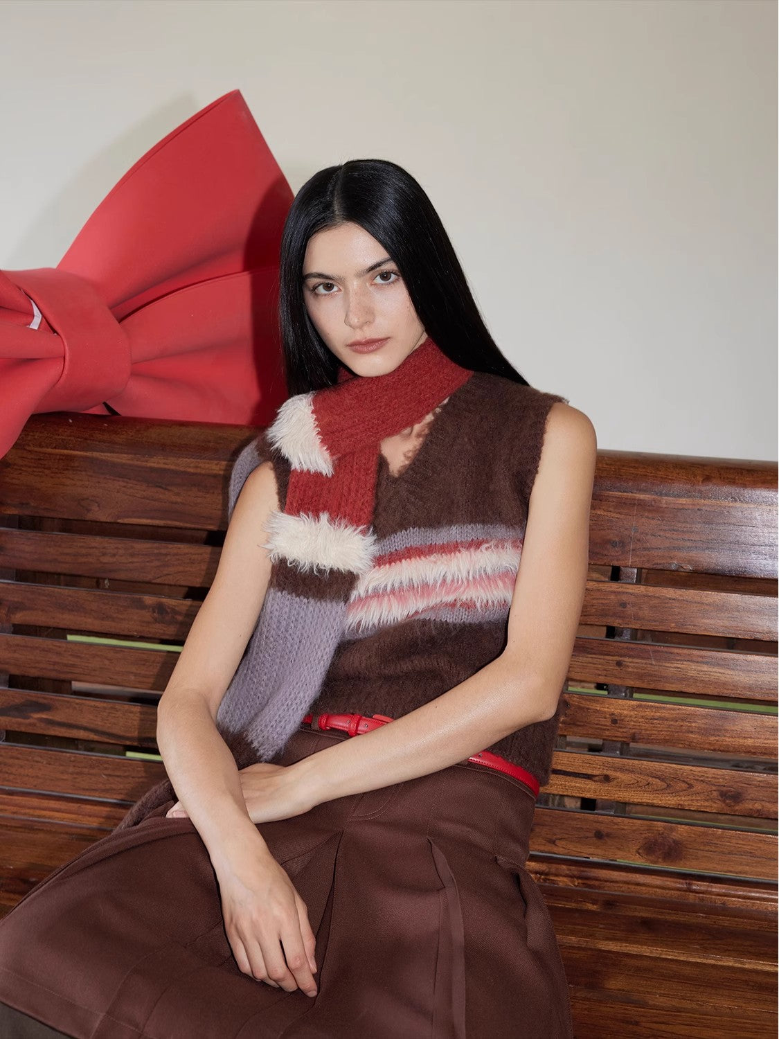 Fireladyfur Women's Mohair Wool Blend Vintage Colorblock Knit Hat Scarf Set-4