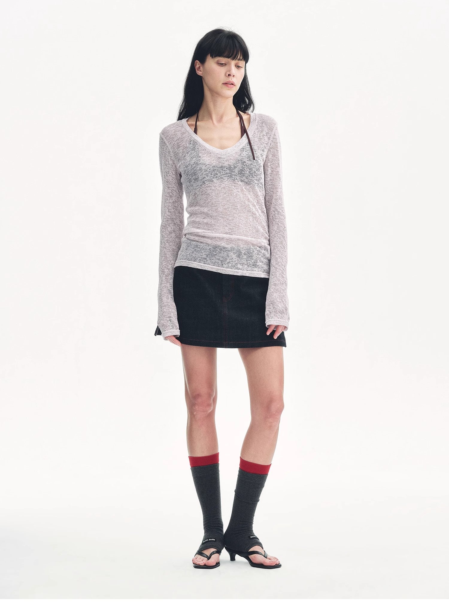"Spring Old Dream" Loose and versatile slightly hollow V-neck straight shoulder top-0