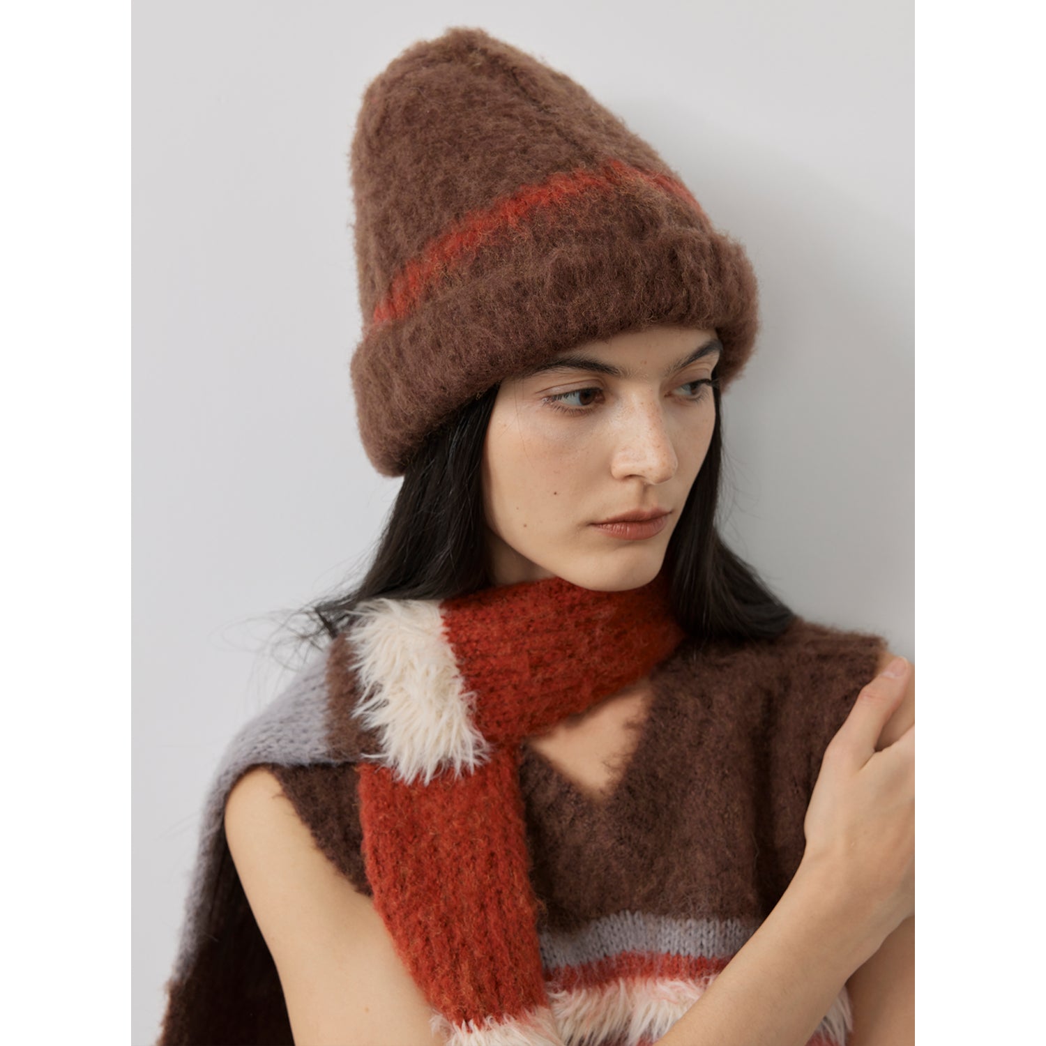 Fireladyfur Women's Mohair Wool Blend Vintage Colorblock Knit Hat Scarf Set-1