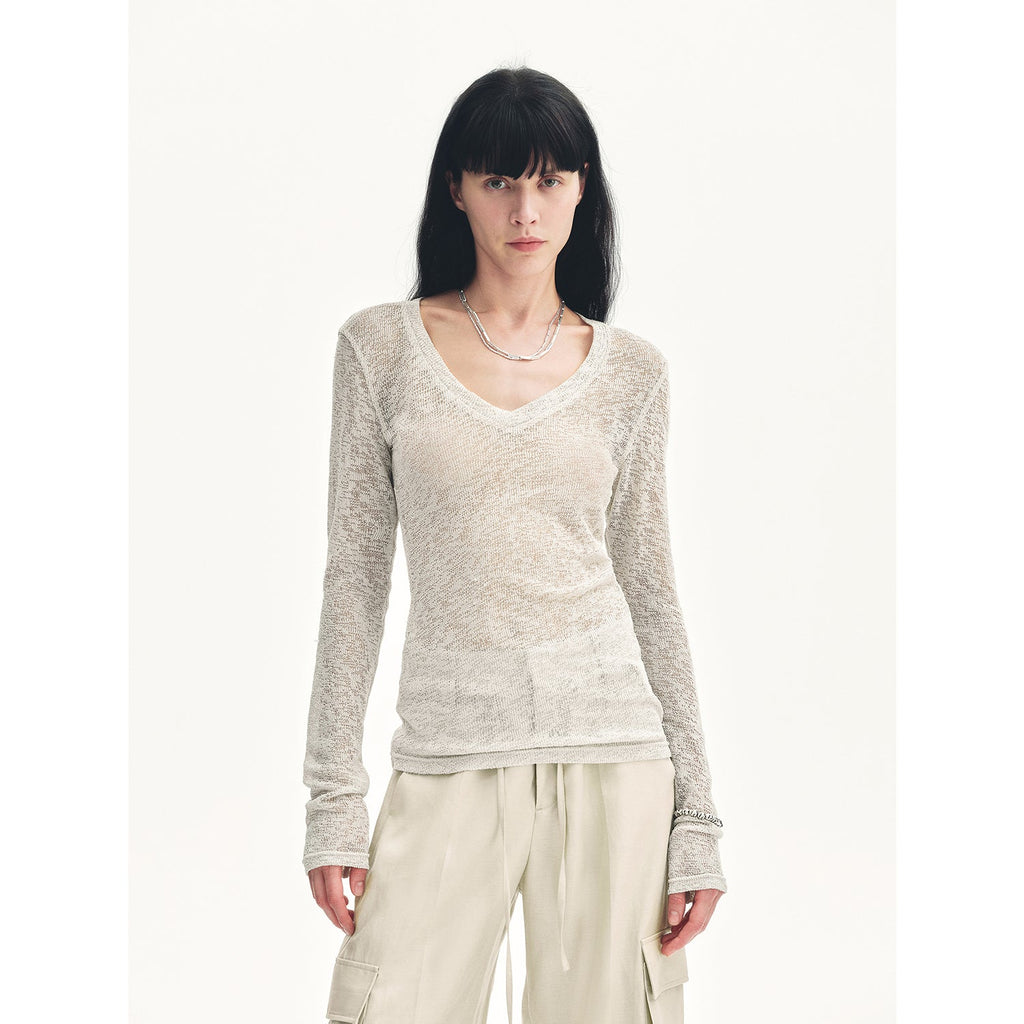 "Spring Old Dream" Loose and versatile slightly hollow V-neck straight shoulder top-6