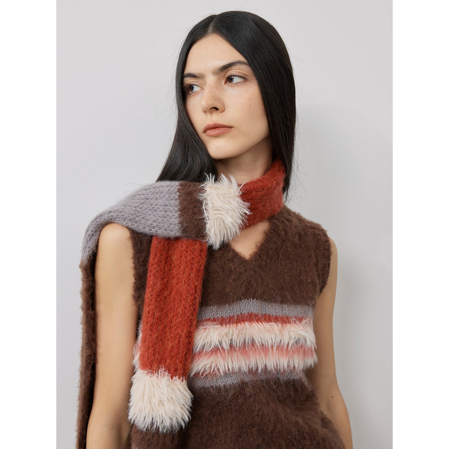 Fireladyfur Women's Mohair Wool Blend Vintage Colorblock Knit Hat Scarf Set-2